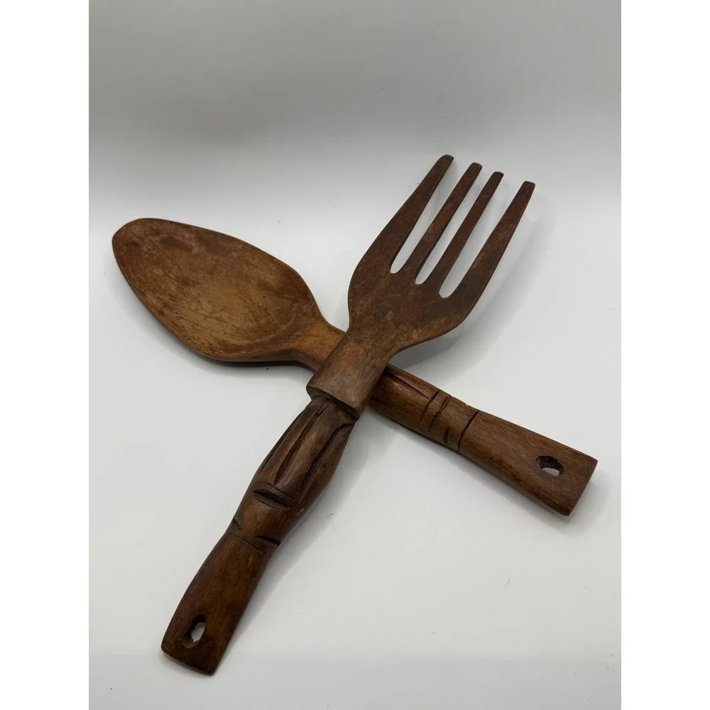 Vtg Hand Carved Wood Kitchen Wall Decor Set Fork Spoon Philippines Tribal